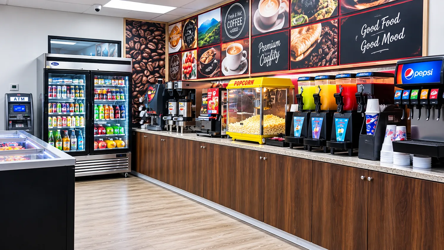 Self-serve bar with coffee machines, popcorn maker, slush machines and fountain soda