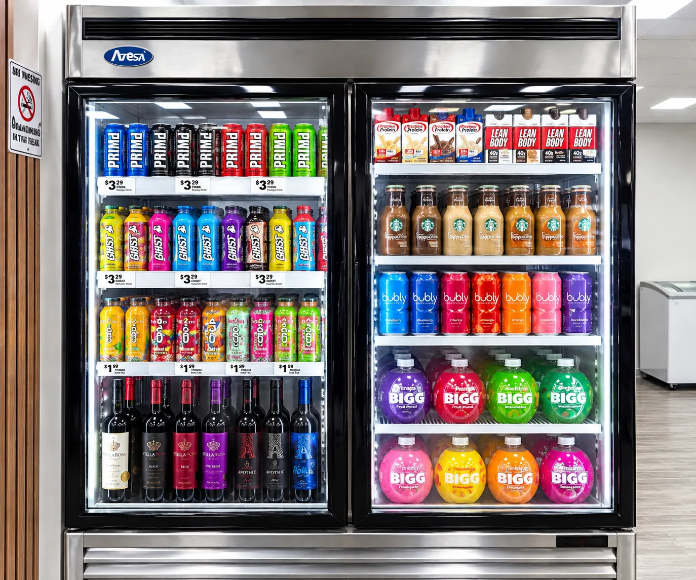 Glass-door cooler with energy drinks, sports drinks, iced coffee, protein shakes, sparkling water, fruit drinks and wine