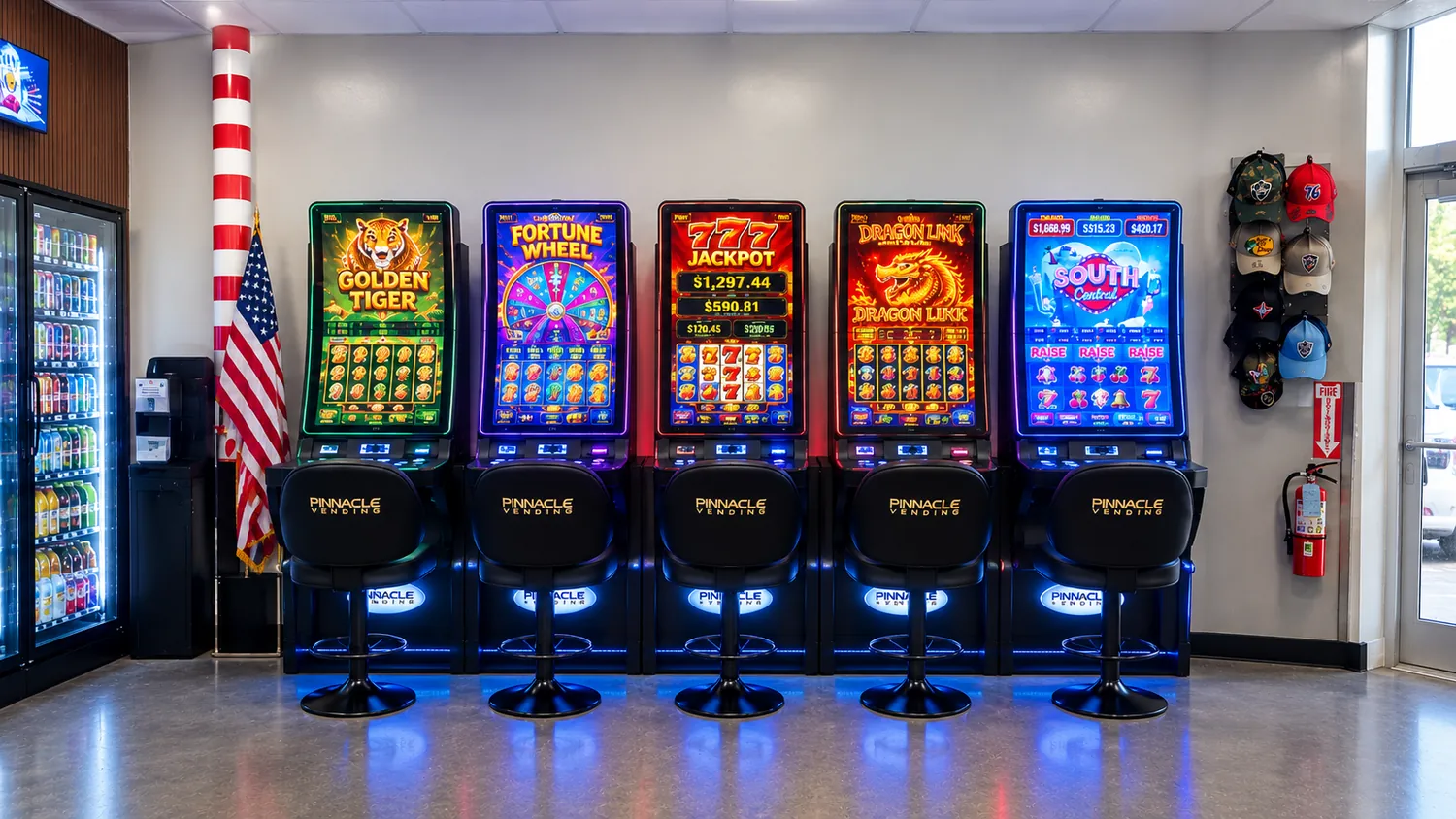Row of gaming machines with comfortable seats