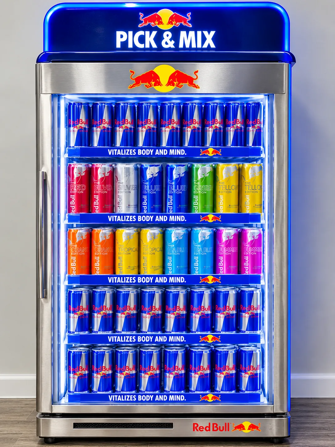 Lit-up Red Bull Pick and Mix cooler with Original and colored Edition cans