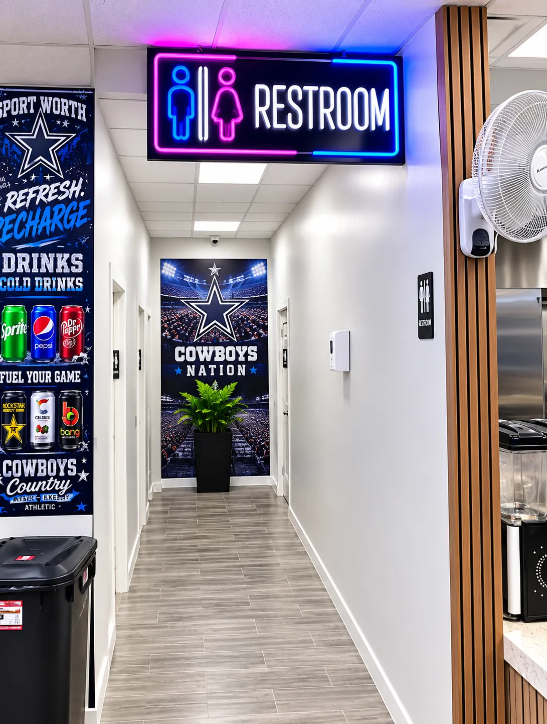 Bright hallway with a neon Restroom sign leading to clean restrooms