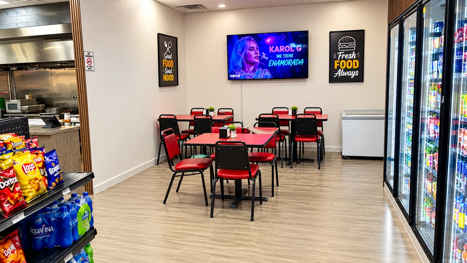 Dining area with red chairs and tables, wall art and a TV next to the cooler doors
