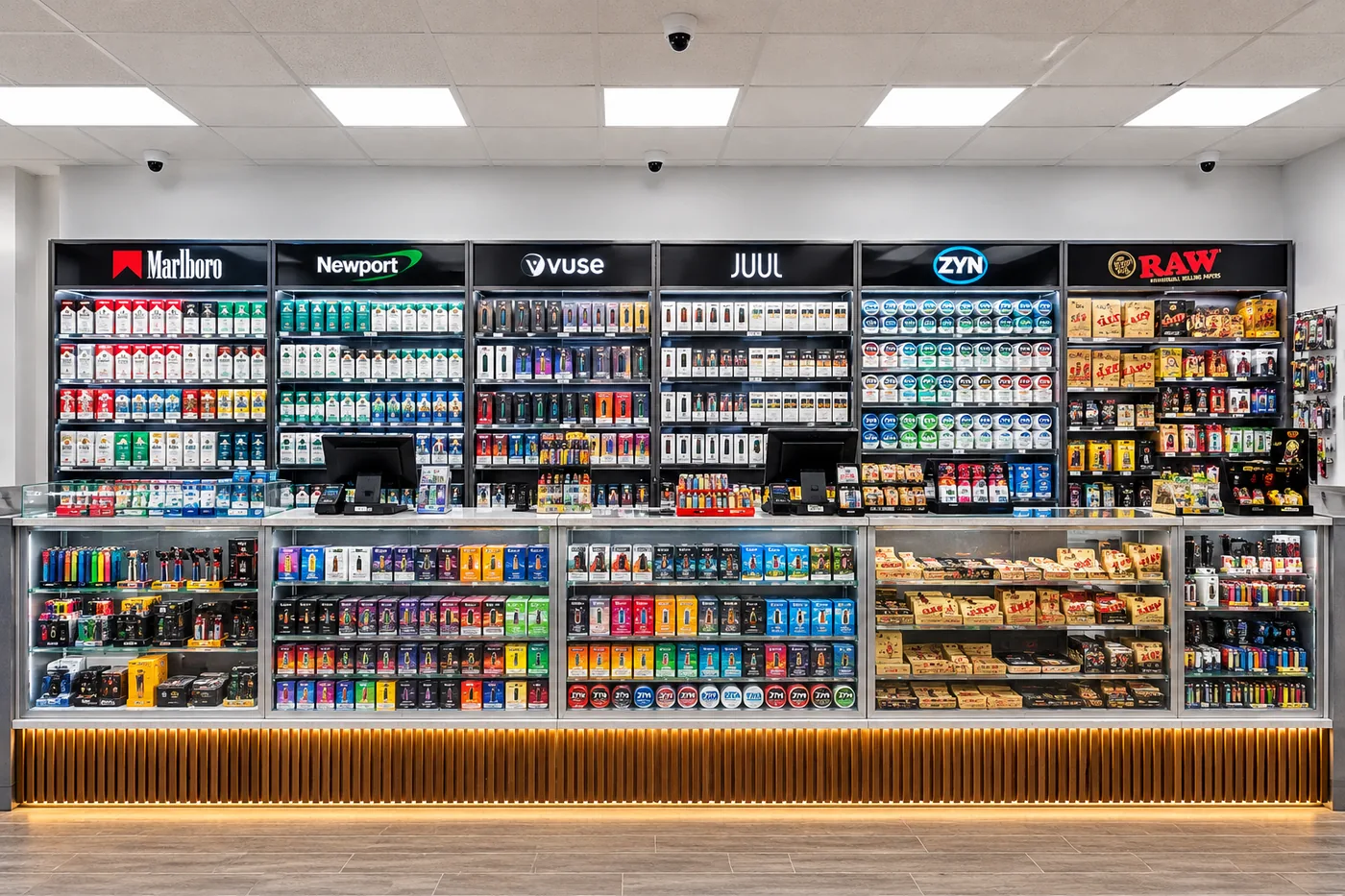 Smoke counter wall with cigarettes, vapes, nicotine pouches, rolling papers and lighters