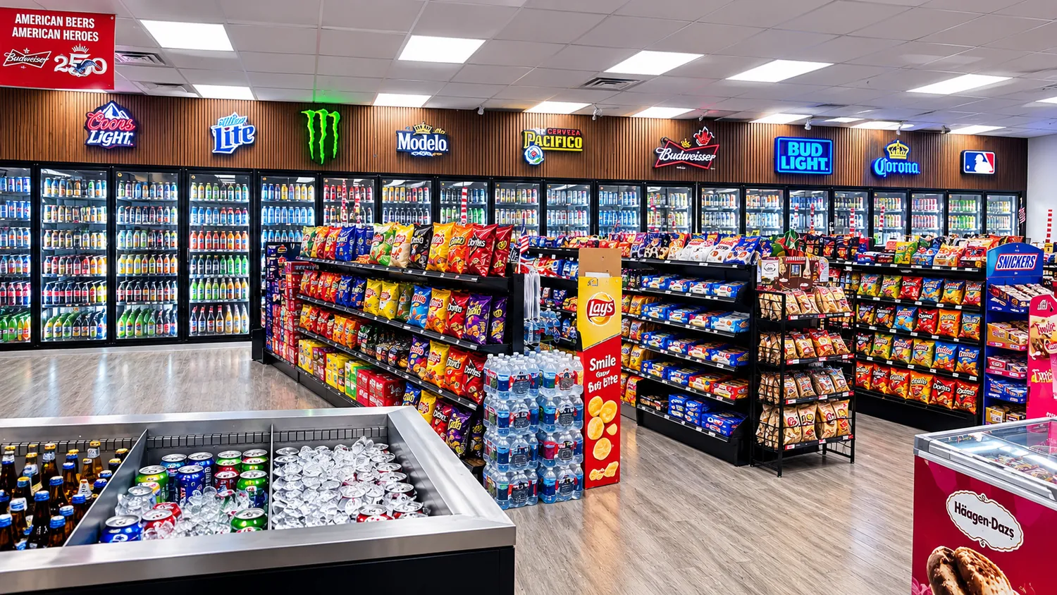 Aisles of chips, snacks and candy under bright lights with a cooler wall behind