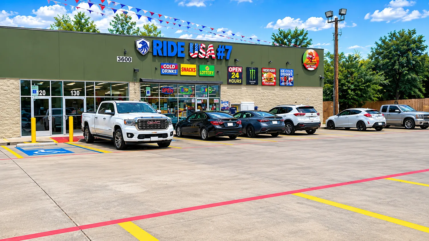 Ride USA 7 storefront at 3600 Miller Ave, Fort Worth, with parking and 24-hour signage